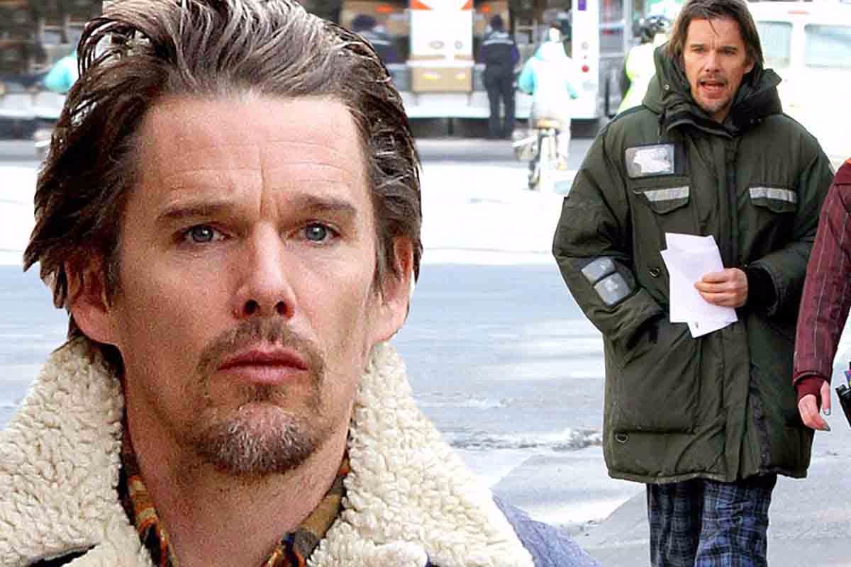Ethan Hawke walking in New York City for the film Ten Thousand Saints
